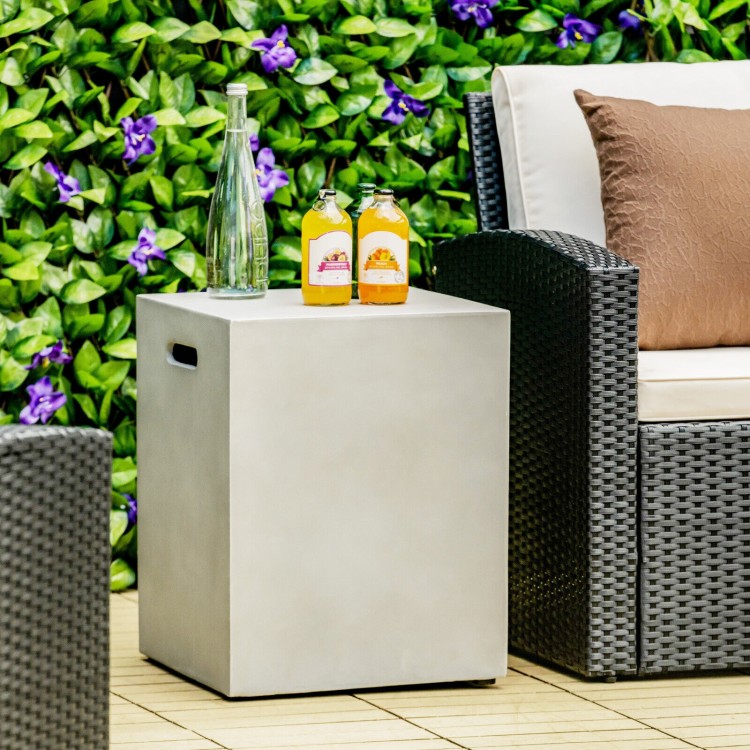 Gray propane tank cover hideaway table with drinks, perfect for outdoor patios and easy to move with side handles.