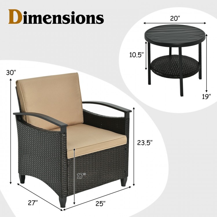 Cushioned patio sofa with ergonomic backrest and storage table, made of durable PE rattan for outdoor use.