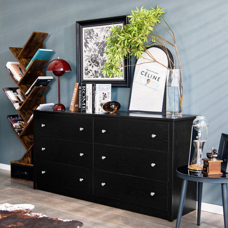 Freestanding 6-drawer dresser in black MDF with round metal knobs, ideal for bedroom or living room organization.
