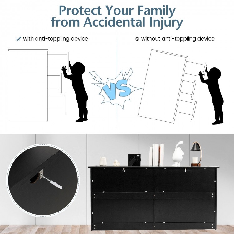 Freestanding 6-drawer dresser in black MDF with anti-toppling device, ideal for bedroom or living room organization.