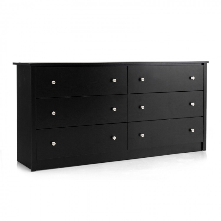 Freestanding 6-drawer dresser in black MDF, featuring a spacious tabletop for added storage and display convenience.