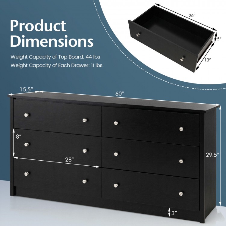 Freestanding 6-drawer dresser in black MDF with round metal knobs, showcasing dimensions for versatile bedroom storage.