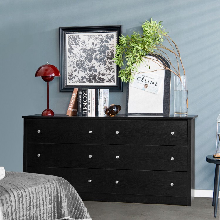 Freestanding 6-drawer dresser in black MDF with round metal knobs, ideal for bedroom organization and modern decor.