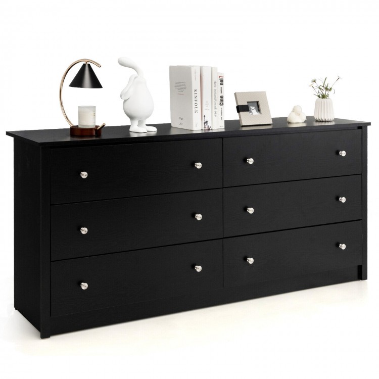 Freestanding 6-drawer dresser in black MDF, featuring a smooth surface and spacious tabletop for versatile home use.