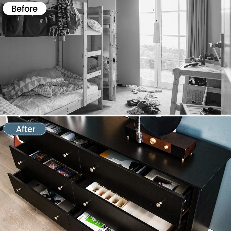 Freestanding 6-drawer dresser in black MDF with round knobs, ideal for bedroom organization and modern decor.