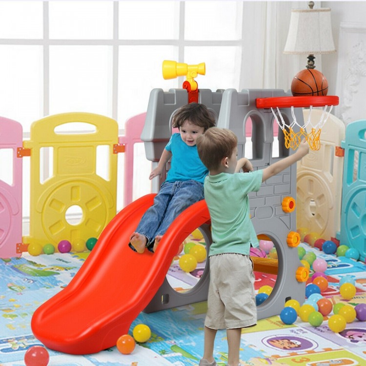 Toddler climber slide playset with basketball hoop, featuring a red slide and climbing ladder for indoor or outdoor fun.