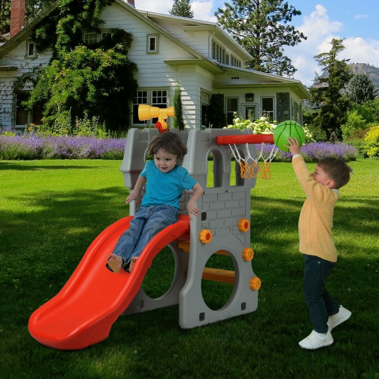 Toddler climber slide playset featuring a slide, basketball hoop, and telescope, perfect for outdoor fun and physical.
