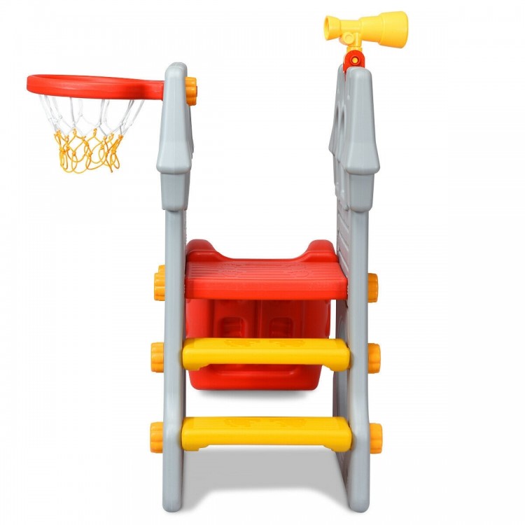 Toddler climber slide playset featuring a basketball hoop, climbing ladder, and telescope for indoor and outdoor fun.