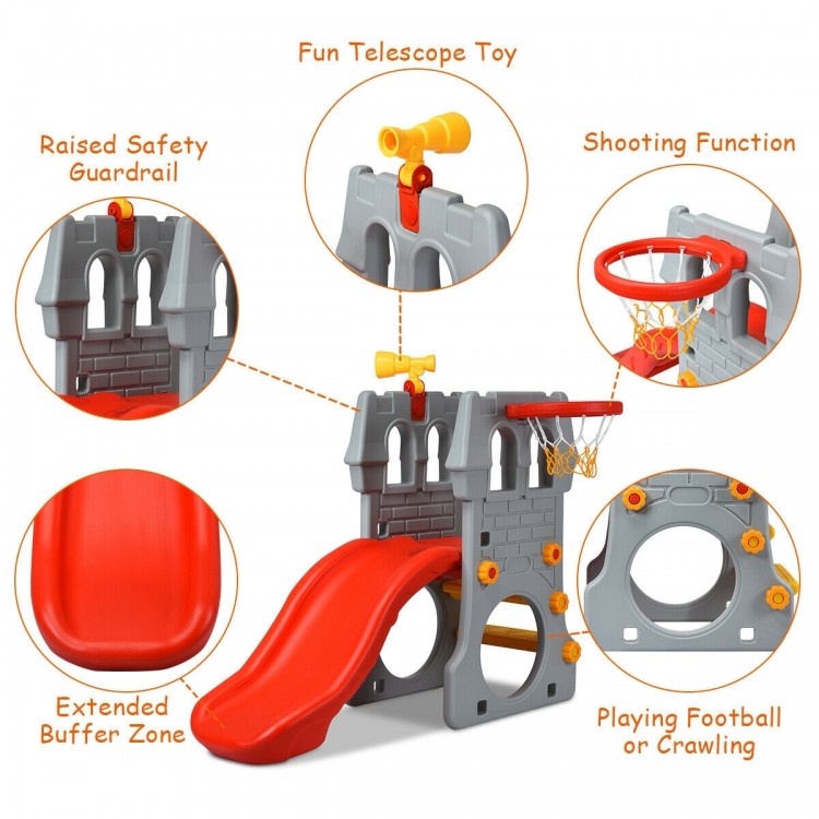 5 in 1 toddler climber slide playset with basketball hoop, telescope, and safety guardrails for indoor or outdoor fun.