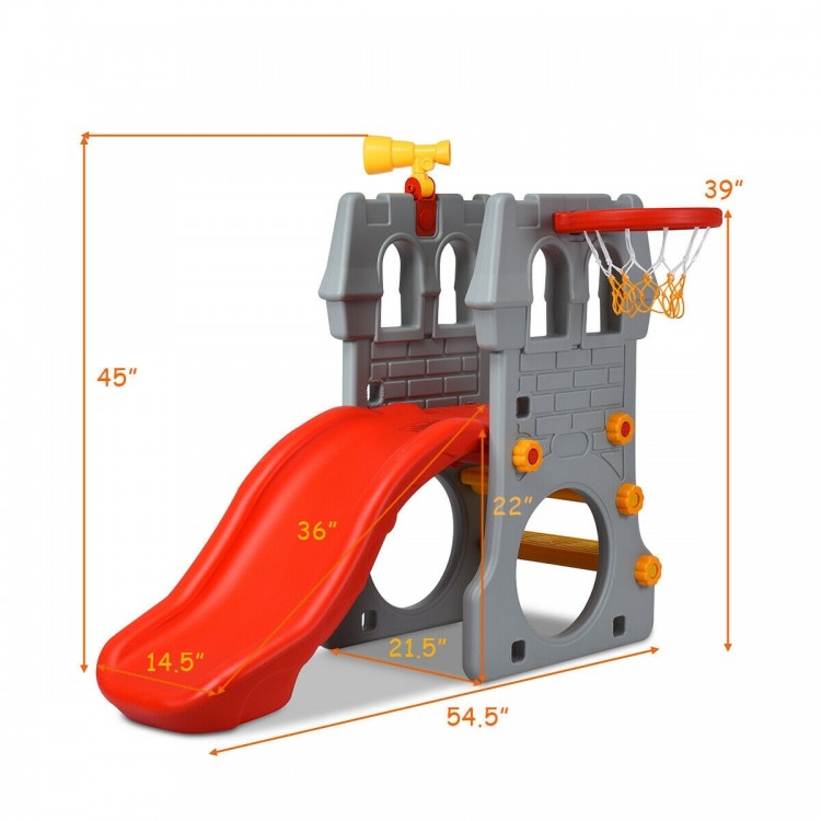5 in 1 toddler climber slide playset with basketball hoop, slide, and telescope for indoor or outdoor fun.