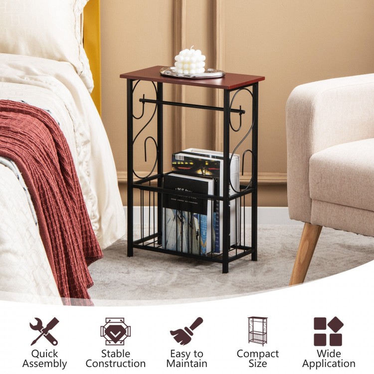 Narrow side table with brown MDF top and black steel frame, featuring a removable paper holder and storage basket.