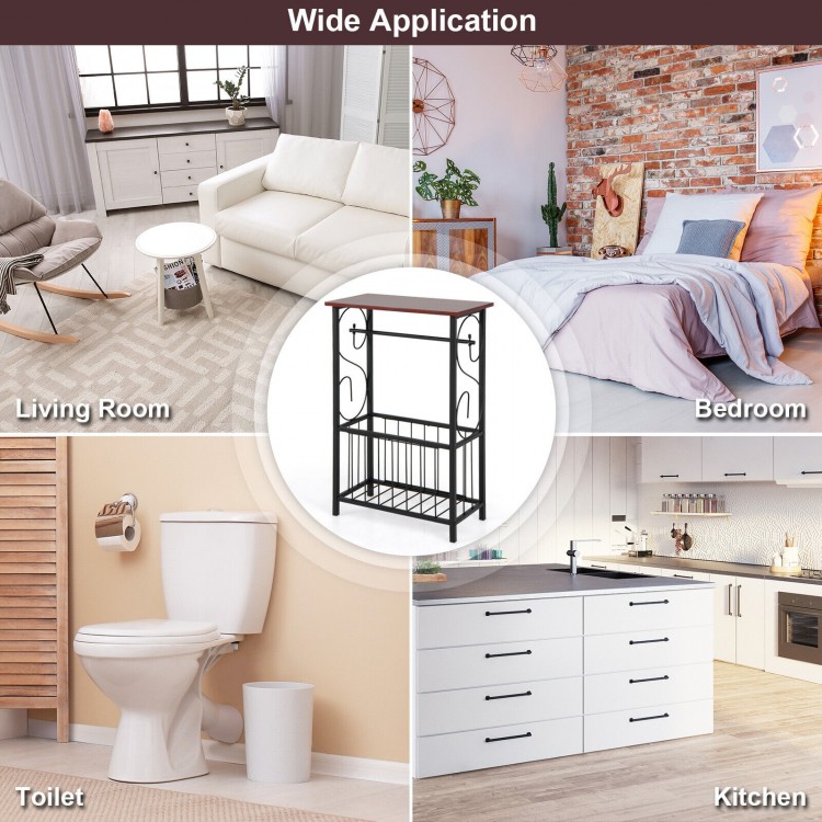 Side sofa narrow table in brown with removable paper holder and storage basket, ideal for living room or bathroom use.