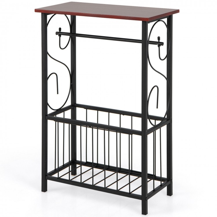 Narrow side table with brown MDF top and black steel frame, featuring a removable paper holder and bottom storage.