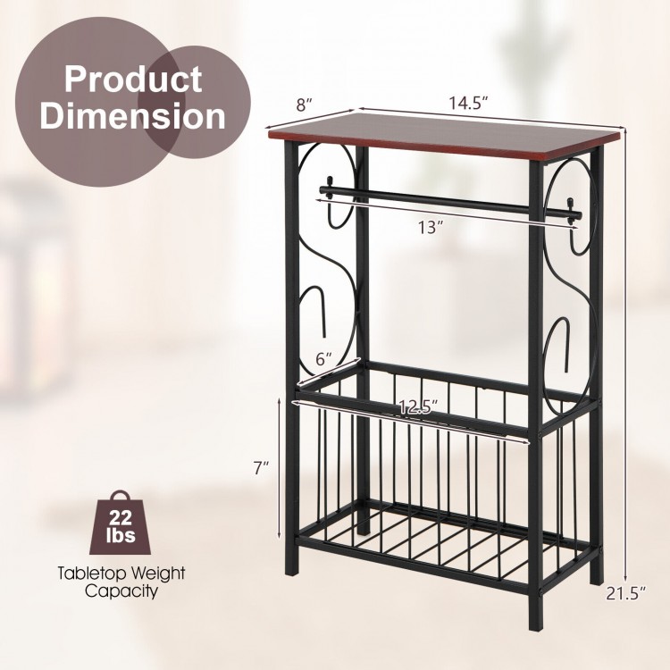 Narrow side sofa table in brown with removable paper holder and bottom storage basket for versatile living room use.