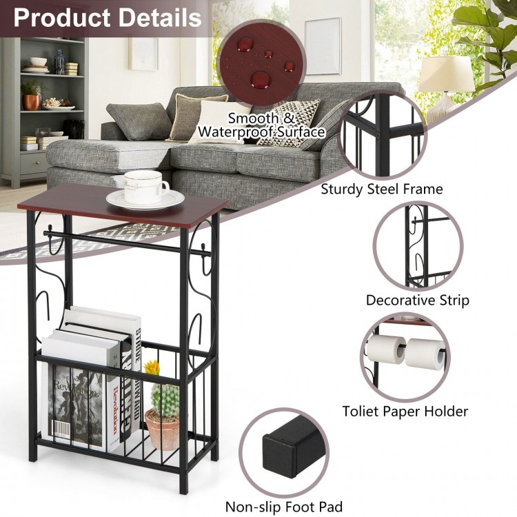 Narrow brown side sofa table with removable paper holder, sturdy steel frame, and bottom storage basket for magazines.
