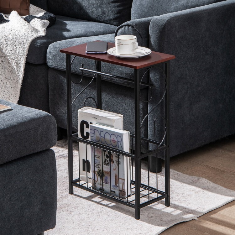 Narrow side table with brown MDF top and steel frame, featuring a removable paper holder and storage for magazines.