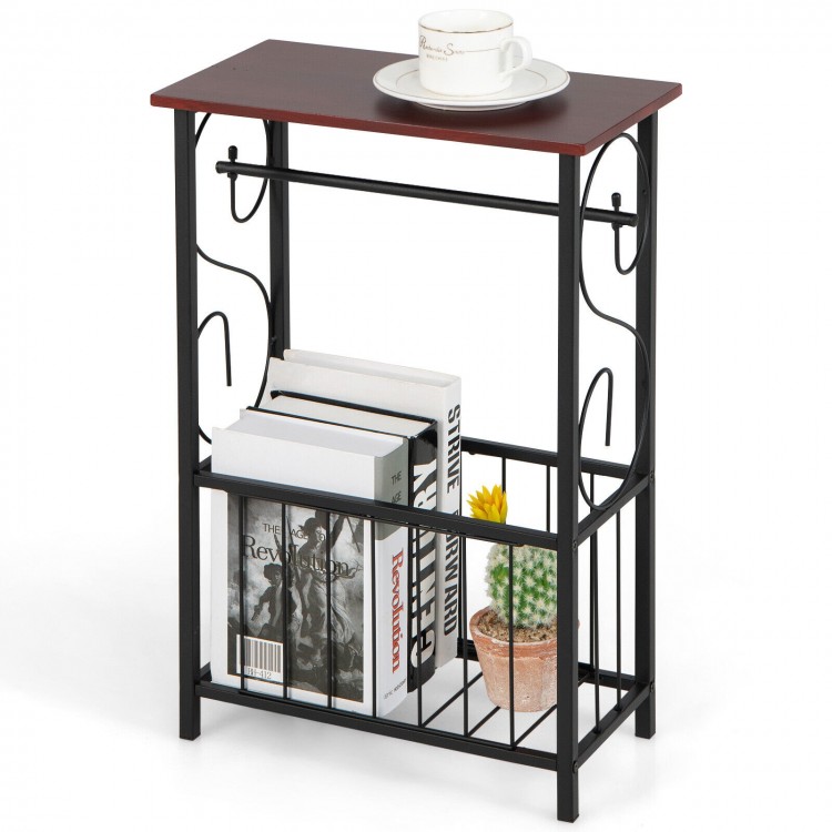 Narrow side table with brown MDF top and black steel frame, featuring a removable paper holder and storage basket for.