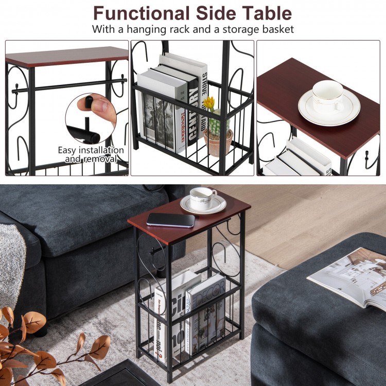 Narrow side table in brown with removable paper holder and storage basket, ideal for living room or bathroom use.