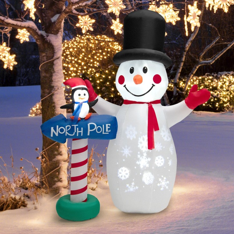 Close-up of the inflatable snowman's cheerful face and snowflake projector, ideal for holiday decorations indoors or.