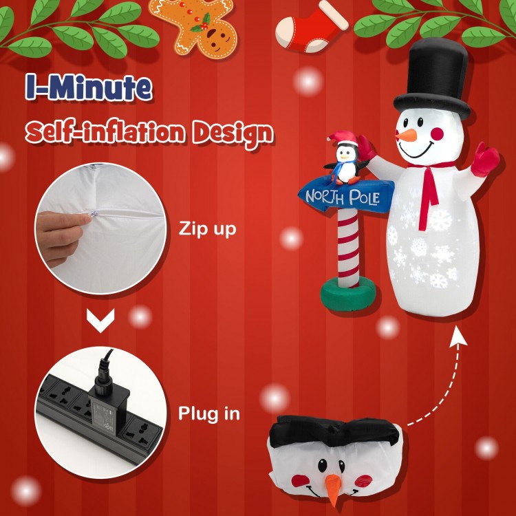 6 feet inflatable Christmas snowman decoration with built-in snowflake projector, self-inflating design for easy setup.