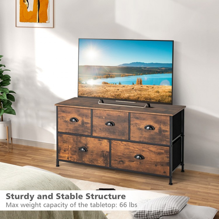 Rustic brown dresser organizer showcasing a spacious wooden top, ideal for displaying decor while providing 5 drawer.