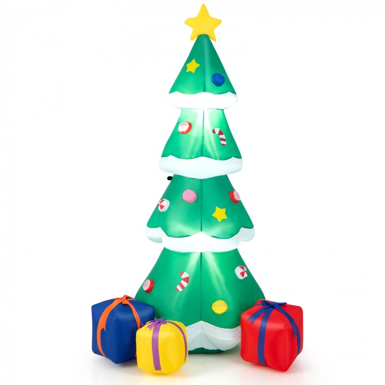 Inflatable 6-foot Christmas tree with colorful decorations and three gift boxes, perfect for indoor and outdoor holiday.
