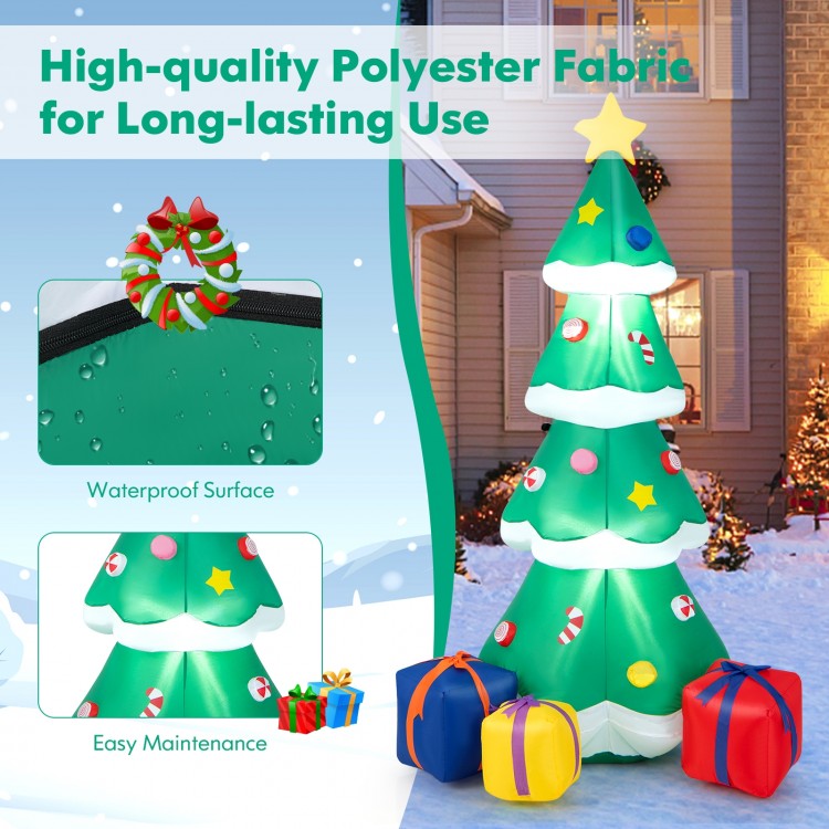 6-foot inflatable Christmas tree with waterproof polyester fabric and three colorful gift boxes for festive outdoor.