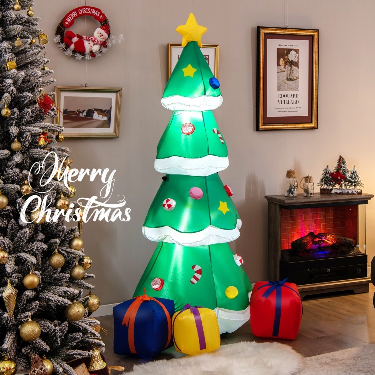 6 feet tall inflatable Christmas tree with colorful decorations and three gift boxes, perfect for indoor and outdoor.