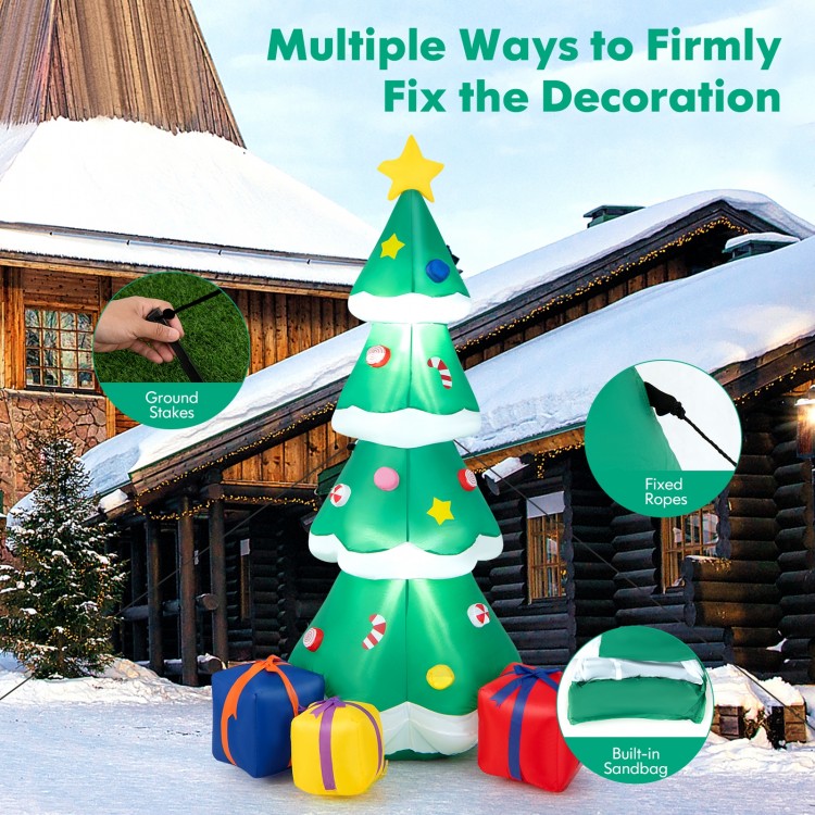 6 feet tall inflatable Christmas tree with three gift boxes, featuring built-in sandbag and ground stakes for stability.