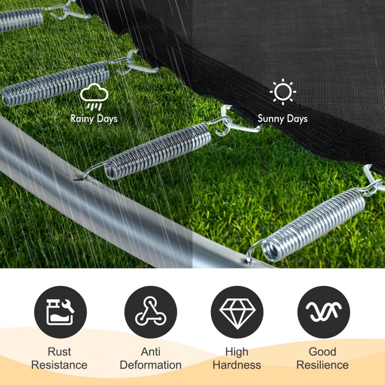 Close-up of 5.5-inch rustproof galvanized steel trampoline springs, showcasing high hardness and superior elasticity.