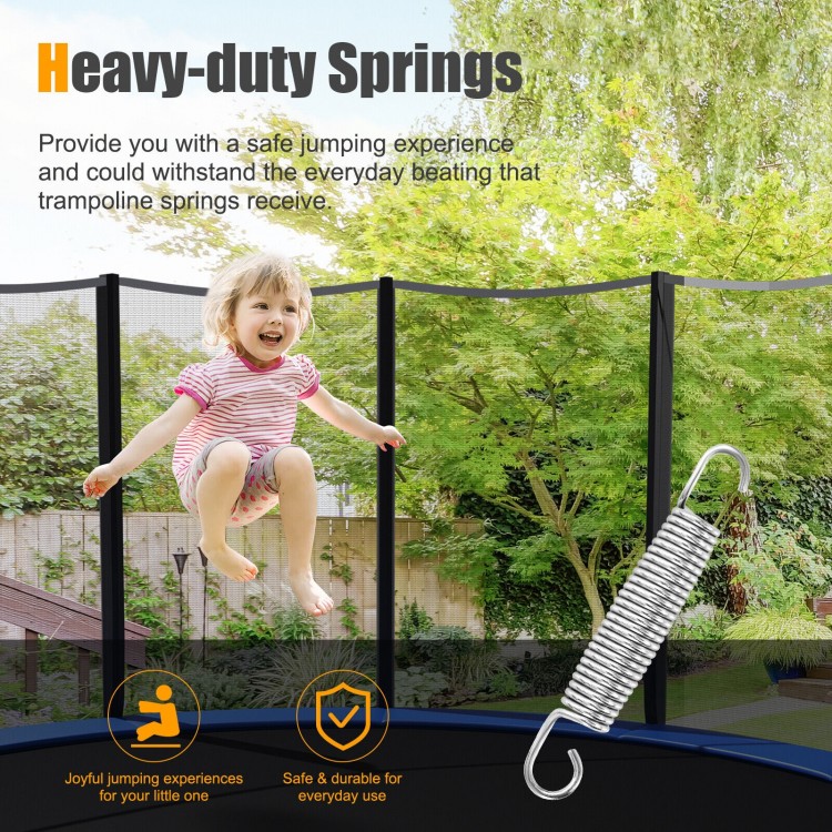Heavy-duty 5.5-inch galvanized steel trampoline springs for safe jumping and easy replacement with T-hook tool.