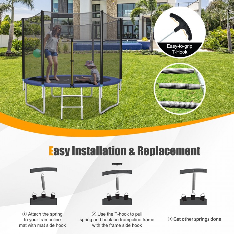 5.5-inch galvanized steel trampoline springs with T-hook tool for easy replacement and enhanced jumping experience.