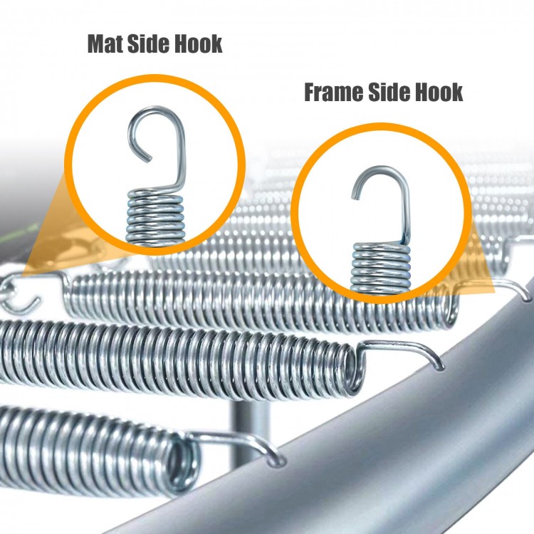 Close-up of 5.5-inch galvanized steel trampoline springs showing mat and frame side hooks for easy replacement.