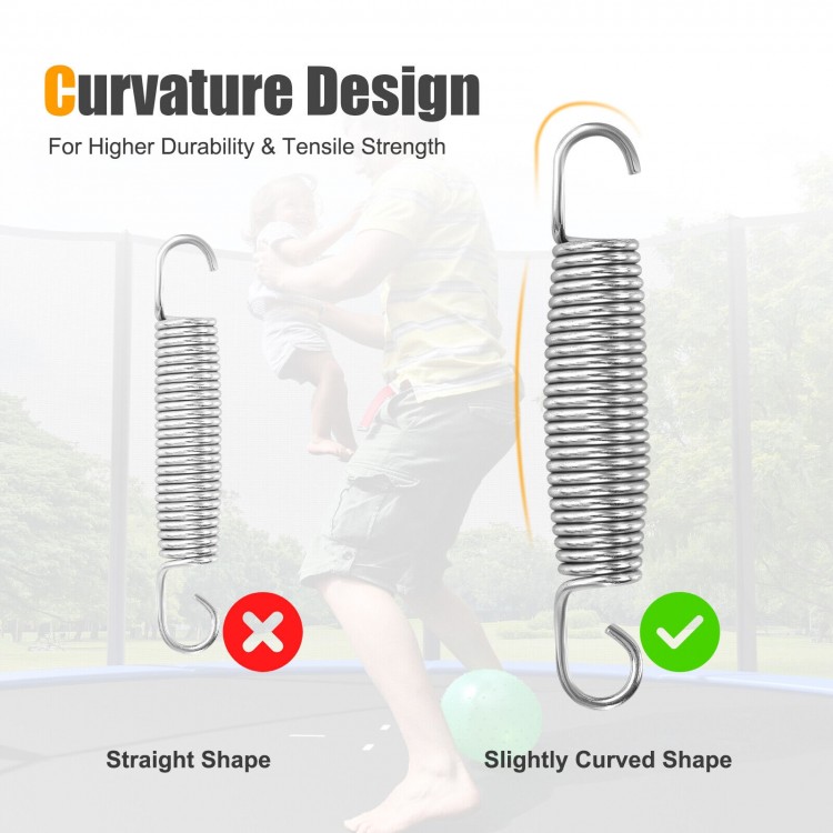 Curved trampoline spring design for enhanced durability and bounce, made of rustproof galvanized steel for safe jumping.