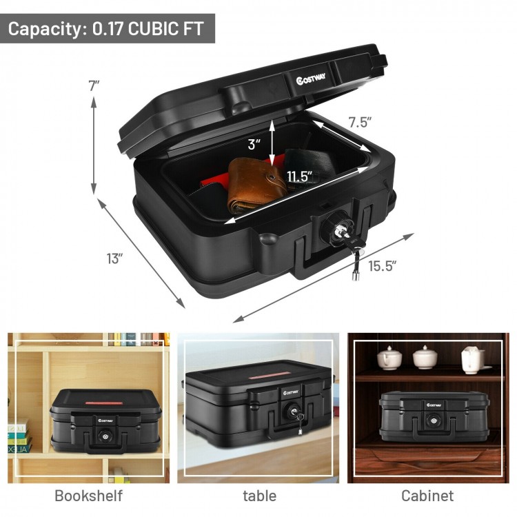 Fireproof waterproof safe box with lock, 15.5 x 13 x 7 inches, designed for secure storage of valuables and documents.