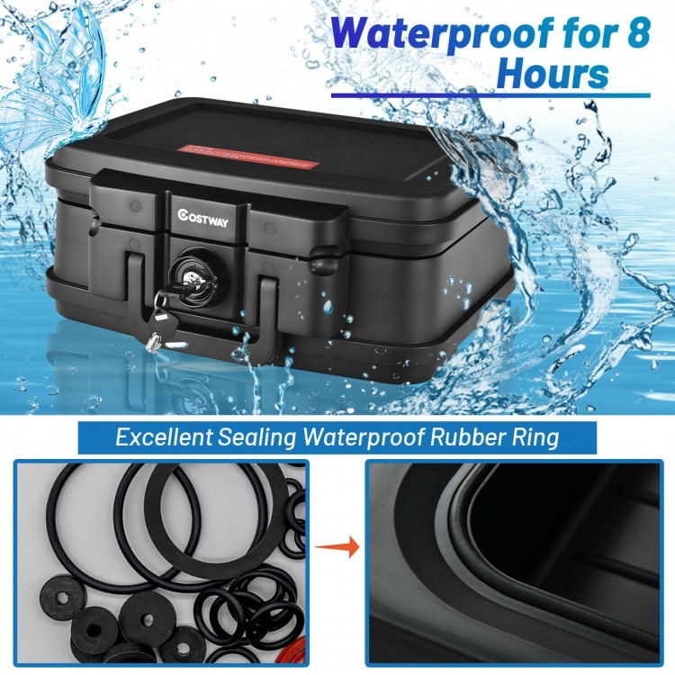 Fireproof waterproof safe box with lock and handle, featuring a sturdy PP shell and sealing rubber ring for secure.