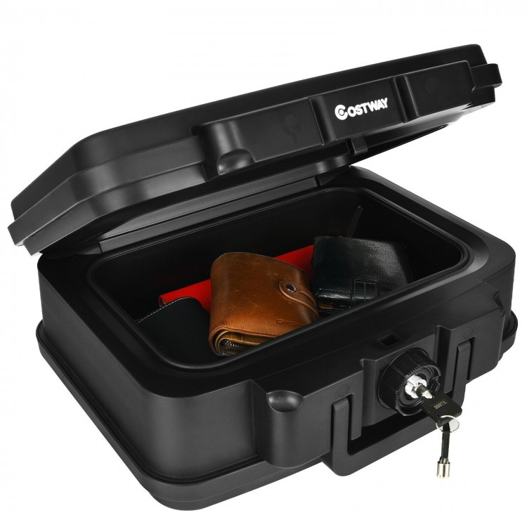 Portable fireproof and waterproof safe box with lock, featuring a large interior for valuables and convenient handle.
