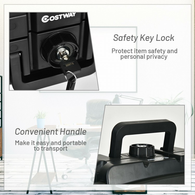 Fireproof waterproof safe box with safety key lock and convenient handle, ideal for secure storage of valuables.