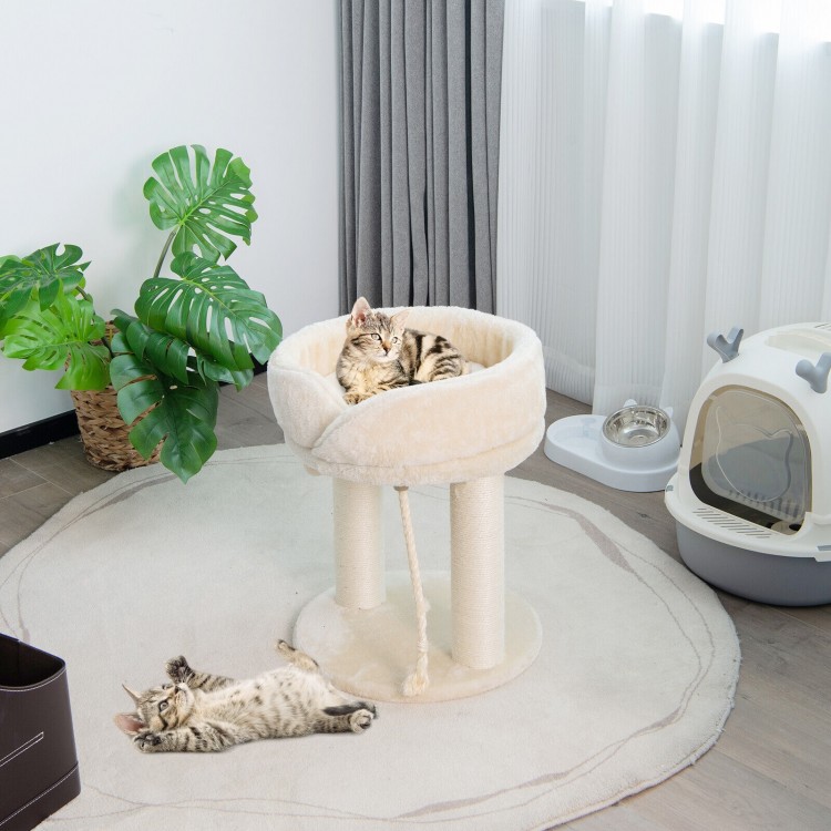 Plush beige cat climbing tree with large perch and sisal scratching posts for comfortable lounging and play.