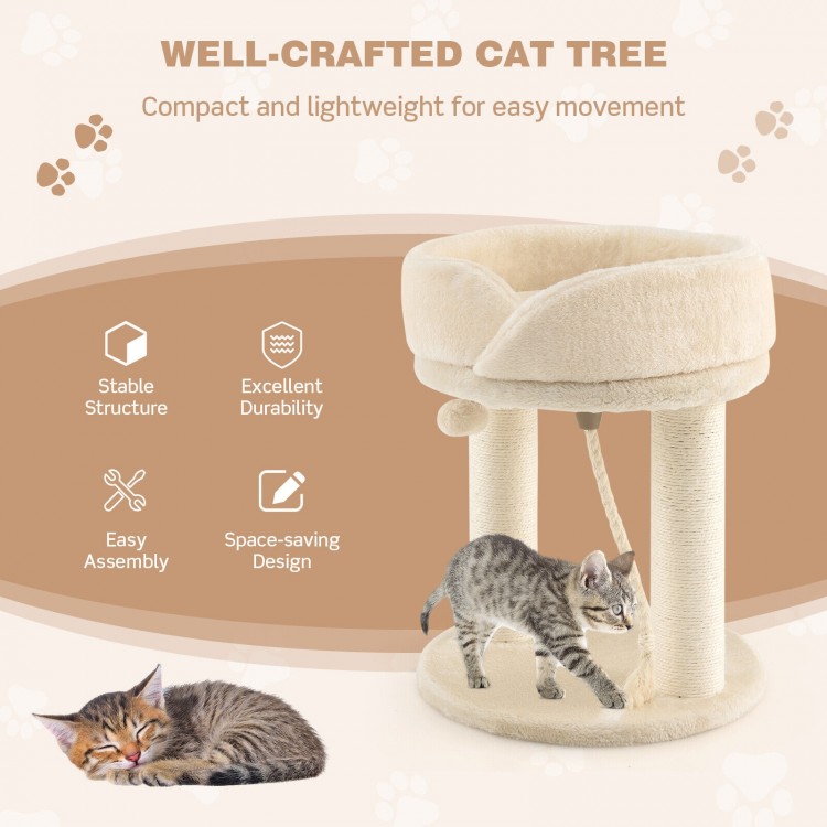 Cat climbing tree in beige with plush perch and sisal scratching posts, perfect for play and relaxation for cats.