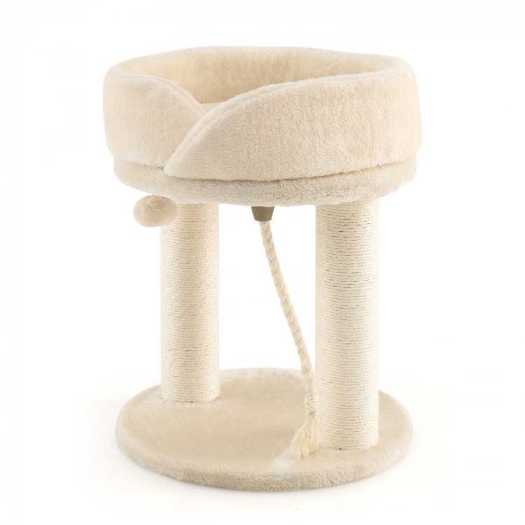 Plush beige cat climbing tree with scratching posts and large top perch for comfortable resting and play.