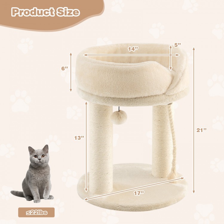 Cat climbing tree in beige with plush perch, sisal scratching posts, and a sturdy base for up to 22 lbs of fun.