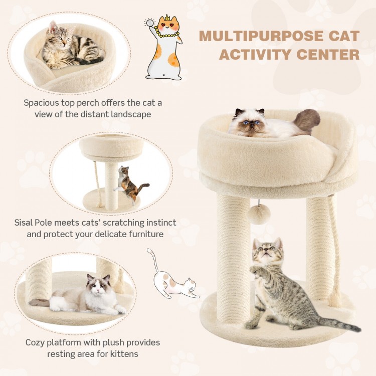 Plush beige cat climbing tree with large top perch and sisal scratching posts for comfortable resting and play.