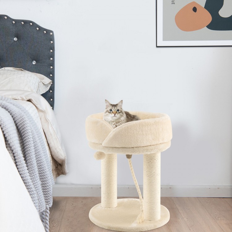 Plush beige cat climbing tree with large top perch and sisal scratching post, perfect for play and relaxation.