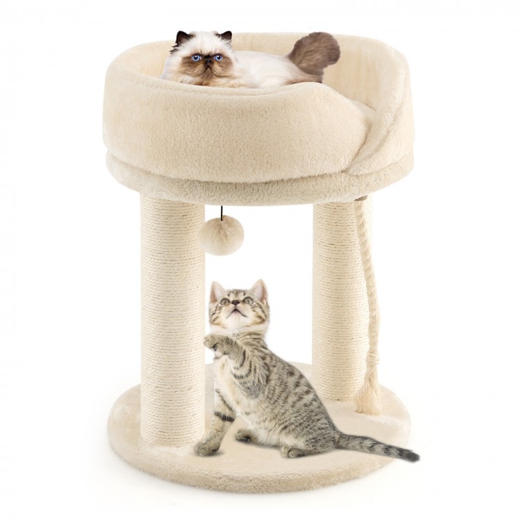 Plush beige cat climbing tree with sisal rope and playful fur ball, providing fun and relaxation for active cats.
