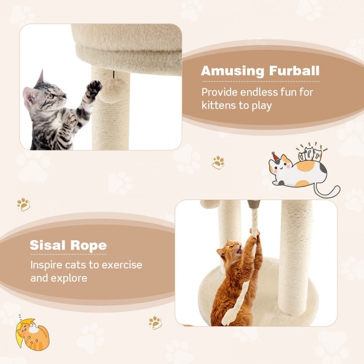 Cat climbing tree in beige with plush perch, sisal rope, and furball for playful and comfortable cat activities.