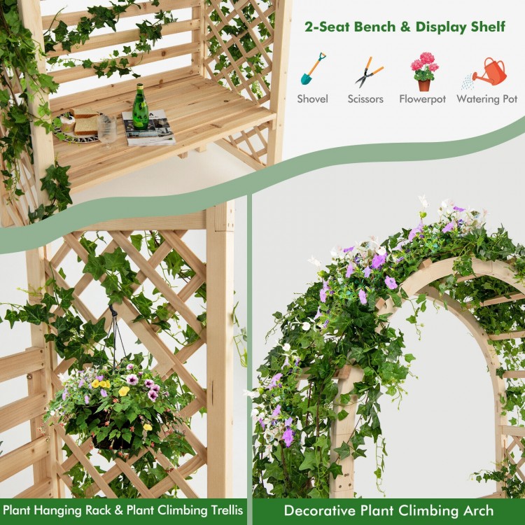 Wooden garden bench arch pergola with climbing trellis, perfect for relaxing outdoors and supporting climbing plants.