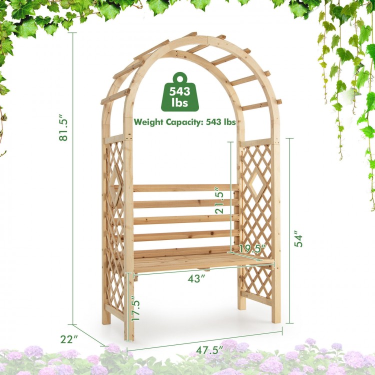Wooden garden bench arch pergola with trellis, made of fir wood, for outdoor relaxation and climbing plants.