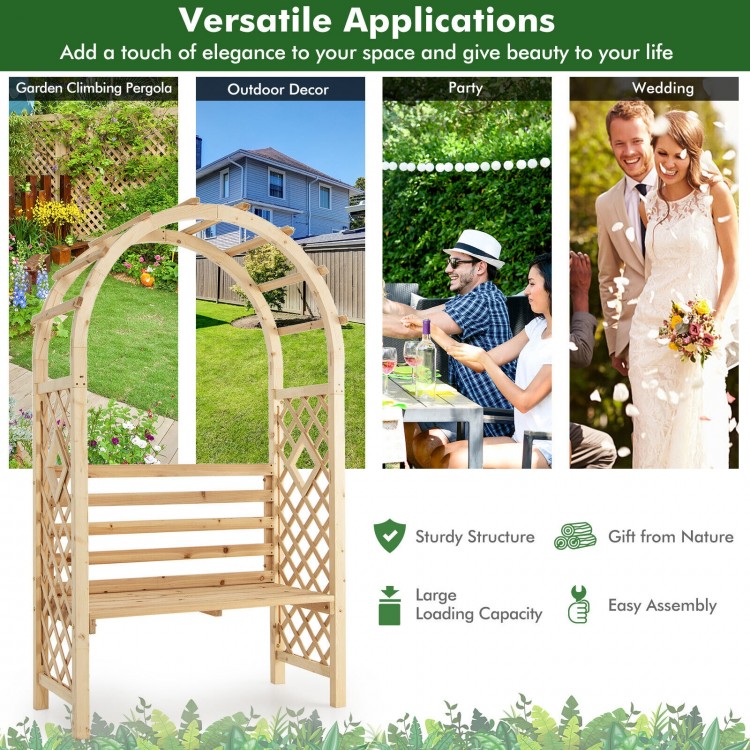 Wooden garden bench arch pergola with side plant racks, ideal for outdoor gatherings and adding elegance to any space.
