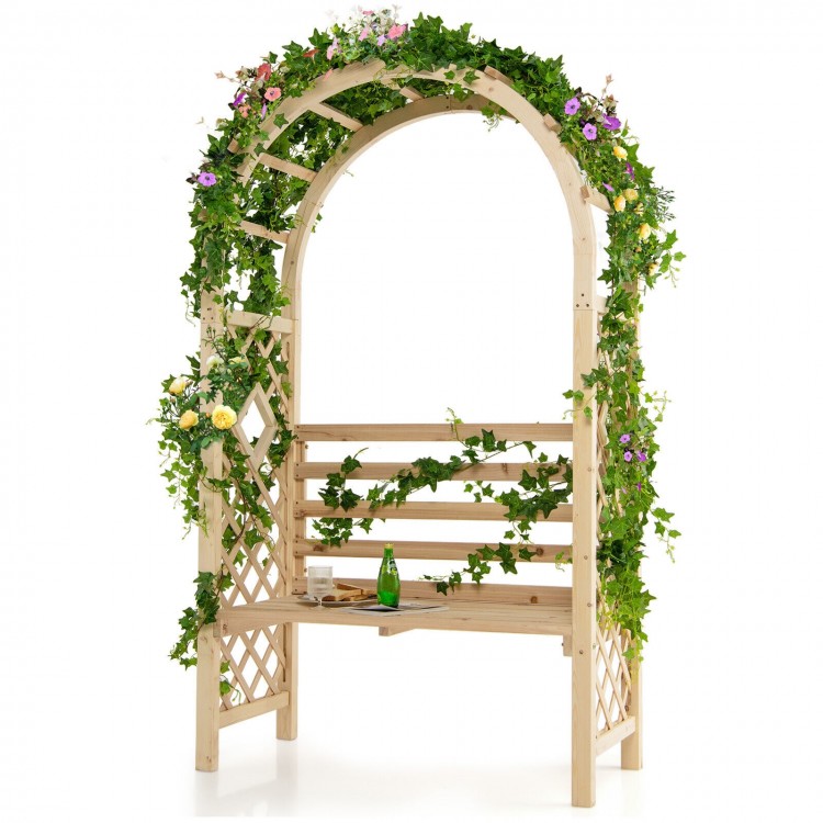 Wooden garden bench arch pergola with climbing trellis, ideal for outdoor relaxation and plant support.